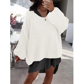 Saodimallsu Womens Oversized V Neck Sweaters Chunky Knit Lantern Long Sleeve Fall Winter Slouchy Tunic Sweater Tops White