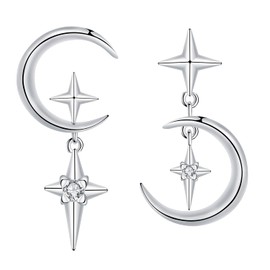 Arrebol Moon Star Earrings 925 Sterling Silver for Women Asymmetrical Stud Earrings Original Jewellery for Women Gift, Silver, Cubic Zirconia