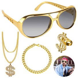 Zkaoai 4 Piece Dollar Chain Set, Dollar Sign Necklace Rings Sunglasses Gold Chain Set, Hip Hop Costume Set, Hip Hop Costume Accessories Set, 80s 90s Costumes Outfits and Accessories