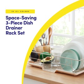 Sweet Home Collection Space-Saving 3-Piece Dish Drainer Rack Set: Efficient Kitchen Organizer for Quick Drying and Storage - Includes Cutlery Holder and Drainboard - Maximize Countertop Space, Beige