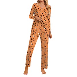 syoss Women's 2 Piece Pajama Sets Long Sleeve Fall Sleepwear Soft Comfy Pj Lounge Sets XL, Bat Orange