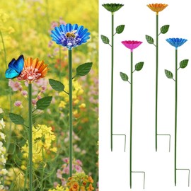 4 Pack Bee Watering Station, Metal Bee Cups for Garden, Flower Shape Colorful Butterfly Bath Bowl Butterfly Feeder for Outdoor Garden Yard Decor (Rose Red,Green,Blue,Yellow)