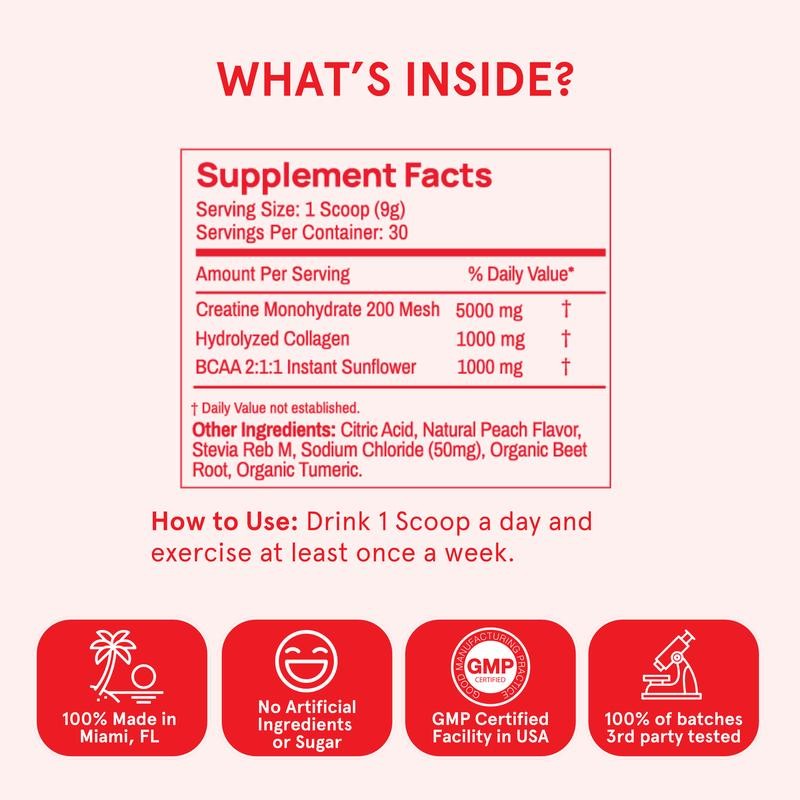 Peach Perfect Creatine Monohydrate Powder, Creatine for Women with Collagen,