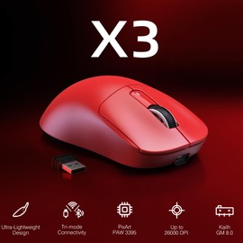 ATTACK SHARK X3 Lightweight Wireless Gaming Mouse with Tri-Mode 2.4G/USB-C Wired/Bluetooth,26K DPI, PAW3395 Optical Sensor,Kailh GM8.0 Switch,5 programmable Buttons for PC/Win/Mac(Red)