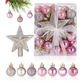 Pack of 30 Mini Christmas Baubles, 3 cm Plastic Christmas Tree Baubles, Mini Christmas Decoration Baubles, Pink & Gold, Table Christmas Tree Decoration Set, Christmas Baubles Set