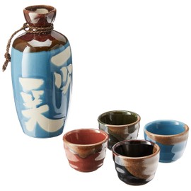 Kotobuki Issho Japanese Calligraphy Sake Set,"Laugh to Stay Young", Turquoise