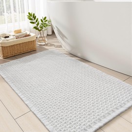 Checkered Bath Mat Non Slip Super Absorbent Quick Dry Bath Mats for Bathroom Floor Woven Bathroom Mat with Tassels Machine Washable Bathroom Rug Beside Tub, 18" x 30", White