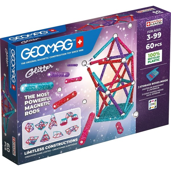 Geomag, Recycled Glitter, Magnetic Constructions with Glitter Effect, Colourful and Glittery Magnetic Sticks, Pack of 60, 100% Recycled Plastic