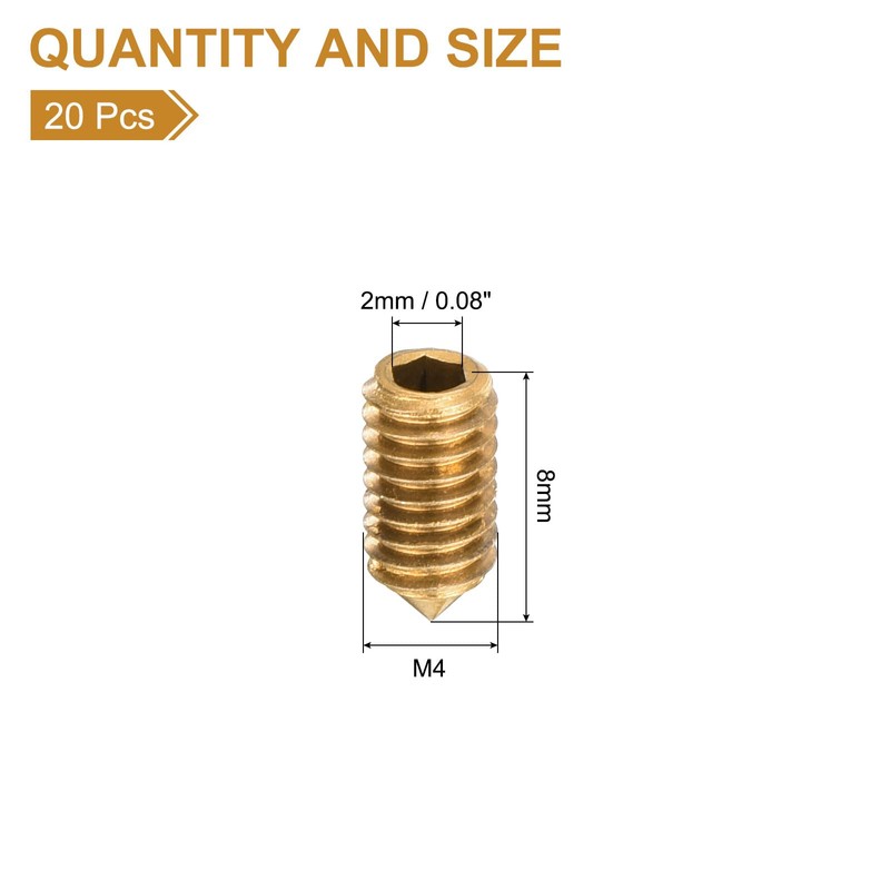 sourcing map 20Pcs Set Screws M4x8mm Brass Cone Point Hex