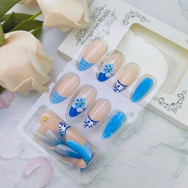 24Pcs Blue Flower Press on Nails Medium Almond Fake Nails with Gold Starfish Charms Design French Tip False Nail 3D Water Ripple Glue on Nail Summer Beach Stick on Nails for Women DIY Manicure Salon