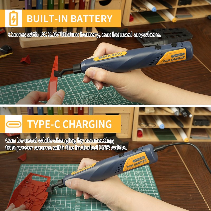 Bucasso Cordless Pen Sander, 5-Speed and USB Charging with LED