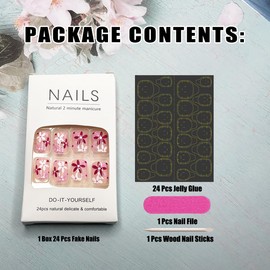 Pink French Tip Press on Nails Short Square Fake Nails with Glue Nude Acrylic Nails Stick on Nails Spring Flowers False Nails for Women and Girls Reusable Nails Kits 24pcs
