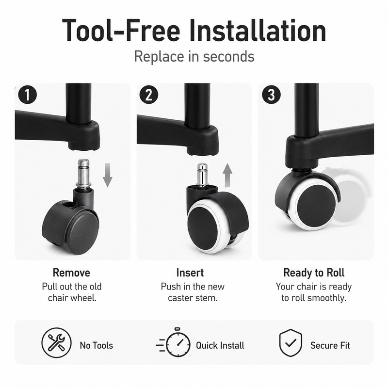 5-Piece Office Chair Caster Wheels for Smooth Rolling – 2-Inch