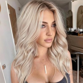KOME Ombre Ash Blonde Wigs for Women,Platinum Blonde Shoulder Length Curly Wig,Middle Part Natural Looking Synthetic Wig for Daily Use Party 16IN