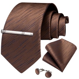 DiBanGu Mens Silk Necktie Solid Color Tie and Pocket Square Cufflink Tie Clip Set Woven Plain Ties for Men Wedding Party, Brown and Black