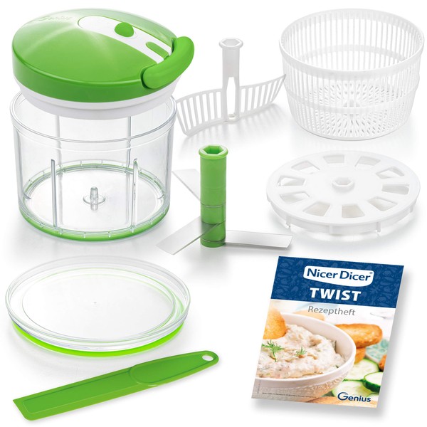 Genius Nicer Dicer Twist Universal Chopper Set 9-Piece Green - Vegetable Cutter Manual with Pulley, Salad Spinner & Sieve - Onion Cutter for Chopping + Puréeing 1000 ml A29187