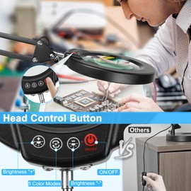 Coyeth 10X Magnifying Glass with Light and Stand, 5 Color Modes Stepless Dimmable 2-in-1 Lighted Magnifier with Clamp, LED Desk Lamp Hands Free for Crafts Hobby Reading Painting Sewing Close Work