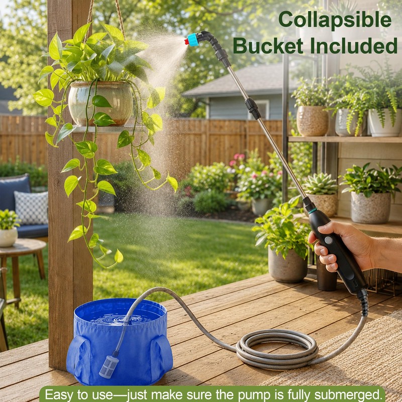 Electric High Reach Plant Waterer with Foldable Bucket, Telescoping Wand