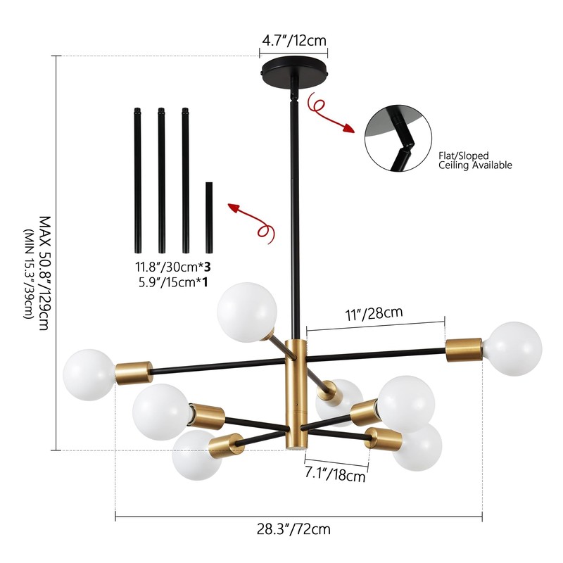 KAISITE Modern Sputnik Chandelier - 8-Light Ceiling Light Fixture Height