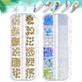 Ocean Themed Nail Charms, 2 Boxes - Shell, Star, Conch, Starfish, Pearl Nail Art Studs & Decorations - Colorful Beads, Metal 3D Designs for Manicure DIY Crafts