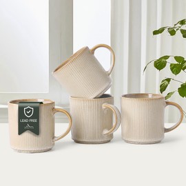 MONITO 16Oz Coffee Mugs Set of 4, Rustic Ceramic Coffee Cups Set with Large Handle, Vintage Striped Stoneware Coffee Mugs for Latte, Cocoa, Tea, Milk, Microwave & Dishwasher Safe, Bonbon Beige