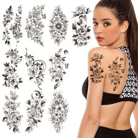 Flower Tattoo Stickers, 10 Large Temporary 3D Flower Tattoos Black Floral Large Sexy Female Butterfly Flower Tattoo on Belly