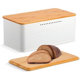 Widousy Bread Bin with Bamboo Lid, White Bread storage box – Bread Holder Bin for Kitchen Countertop Storage Organizer (White)