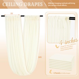 REWOMC 6 Panels Ivory Ceiling Drapes for Wedding 5ftx30ft Sheer Drapery Chiffon Fabric Arch Draping Curtains for Party Ceremony Birthday Baby Shower Reception Stage Ceiling Decorations