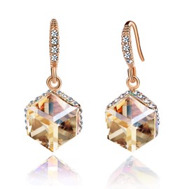 Austrian Crystal Cube Drop Dangle Earrings for Women 14K Gold Plated Hypoallergenic Jewelry (Topaz)