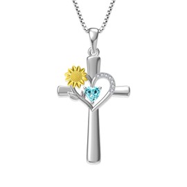 Veshon Sunflower Cross Necklace with Aquamarine Heart Birthstone 925 Sterling Silver Sunflower Love Heart Pendant Necklace for Women Faith Jewelry Birthday Gifts for Women Girlfriend Wife Daughter Her