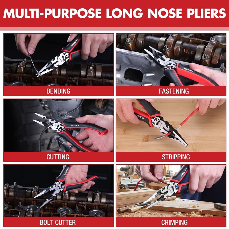 ARROW 6-in-1 Needle Nose Pliers, 8" Multipurpose Long Nose Pliers