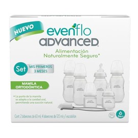Evenflo Advanced Set Avanzado de 6 Biberones Ortodónticos con Escobillón, Silicón Grado Alimenticio, Libre de BPA, Cuello Angosto, Sistema Triple de Ventilación, para Bebés 0-3 Meses