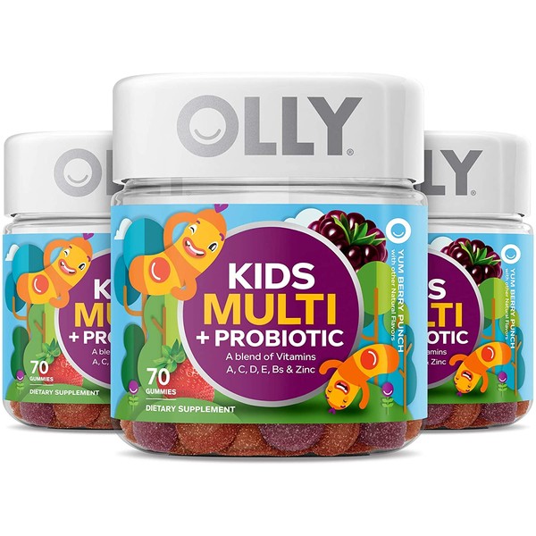 OLLY Kids Multivitamin + Probiotic Gummy, Vitamins A, C, D, E, B, Zinc, Probiotics, Chewable Supplement, Berry Flavor, 70 Count (3 Pack)