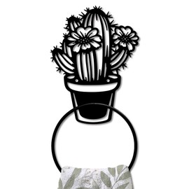MAYJOYDIY Cactus Metal Towel Ring Cactus Potted Plant Hand Towel Holder Succulent Flowers Towel Ring Black Plant Towel Rack Wall Mounted for Bathroom Kitchen Towel Hanger Home Decors Gift
