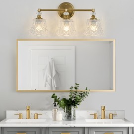 Vintage Gold Bathroom Vanity Light Fixture, 3-Light with Rose Pattern Crystal Glass Shade, Retro Brushed Gold Finish