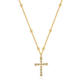 14K Gold Plated Cross Necklace, Cross Faith Beads Pendant Dainty Chain Simple Tiny Jewelry Gift for Women