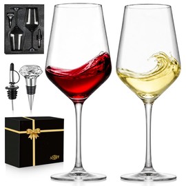 ANBFF Crystal Wine Glasses Set of 2-21oz Hand Blown Long Stem Red and White Wine Glass with Pourer and Stopper - Elegant Design in Gift Box for Home Bar, Birthday, Wedding, Anniversary