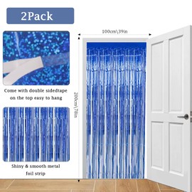 2pcs Tinsel Curtain Pink Glitter, 3ft X 6.4ft Aluminum Foil Flow Curtain Background Streamer, Girls Tinsel Curtains Pastel Foils Fringe,Birthday Party Wedding Holiday Backdrop Decoration (Blue)