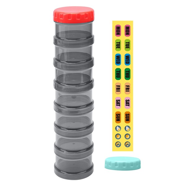 7 Day Pill Organizer Case Stackable Weekly Supplements Vitamins Pills Holder Dispenser Large Translucent Black with Extra Lid