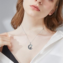 qielizhu Black Cat Gifts 925 Sterling Silver Cats Necklace for women Moon Wiccan Jewelry Cat Lover Gifts for Mom