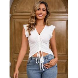 Women's Textured V Neck Ruffle Sleeve Ruched Drawstring Tops Summer Dressy Casual Fitted Sleeveless Blouse(White,M)