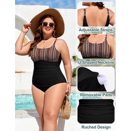 Wiepux Women's One-Piece Swimsuits Padded Ruched High Cut Plus Size Bathing Suit Ladies Swimming Costume,Striped+Black,3XL