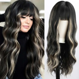 BOGSEA Black Mix Blonde Wigs with Bangs Long Wig for Women Highlights Long Wavy Wigs Synthetic Heat Resistant Fiber Wigs for Daily Party 26 Inch