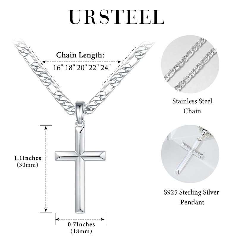 Ursteel Cross Necklace for Men, 925 Sterling Silver Mens Cross