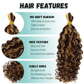 4/27 Honey Blonde Human Braiding Hair Deep Water Wave Bulk Human Hair for Braiding Highlights Curly Braiding Hair Extensions for Boho Braids 14 Inch 2 Bundles 100G Wet and Wavy Human Hair Braiding