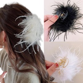 mdgfge Black White Ostrich Feather Hair Clip Hair Feathers Retro Elegant Hair Accessories for Women Girl Bridal Wedding Festival Valentine Birthday Party Supplies Decoration (2 Pcs)