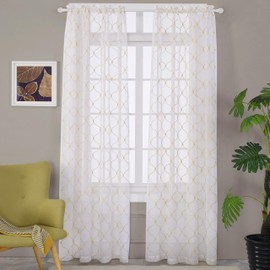 MYSTIC-HOME Embroidery Gold Sheer Curtains 84 Inches Long, Rod Pocket Sheer Drapes for Living Room, Bedroom, 2 Panels, 52"x84", Semi Crinkle Voile Window Treatments for Yard, Patio, Villa, Parlor.