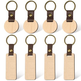 UPIQNG Leather Wooden Keychain Blanks Wood Key Ring Unfinished Wood Engraving Key Tags for DIY Backpack Decoration Craft,4pcs Rectangle,4pcs Round