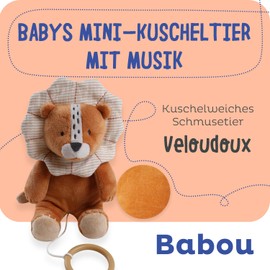 Noukie's - Mini Cuddly Toy with Music Babou - Noukie's Veloudoux Comforter + Wooden Ring - Musical Early Education - Gift for Babies