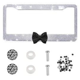 Bling Car License Plate Frame, Sparkly Diamond Car License Plate Holder, Stainless Steel Car Bumpers Protector with Screws, Shiny Car Decoration Accessories for Women Men (White/Black)